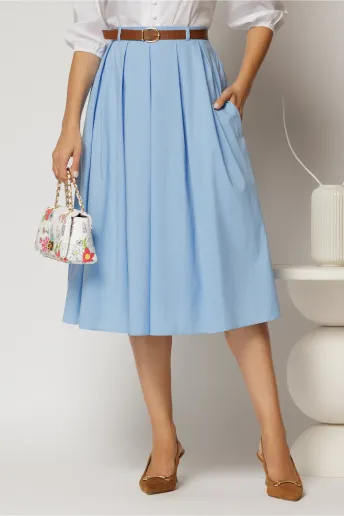 Fusta DY Fashion bleu din poplin cu pliuri si curea in talie