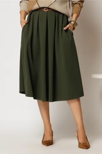 Fusta DY Fashion midi kaki din crep cu pliuri si curea in talie