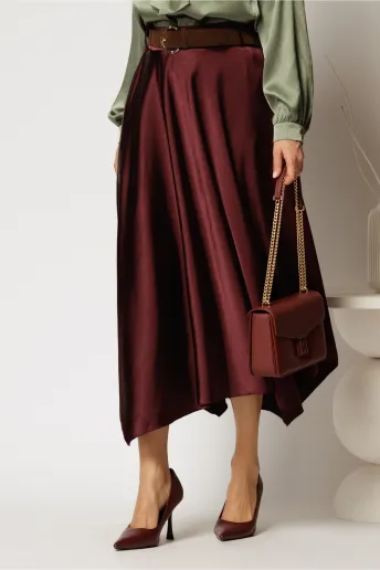 Fusta midi bordo din satin cu croi clos si curea in talie
