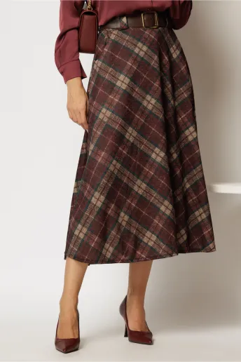 Fusta midi din tricot cu buzunare si carouri bordo
