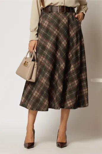 Fusta midi din tricot cu buzunare si carouri kaki