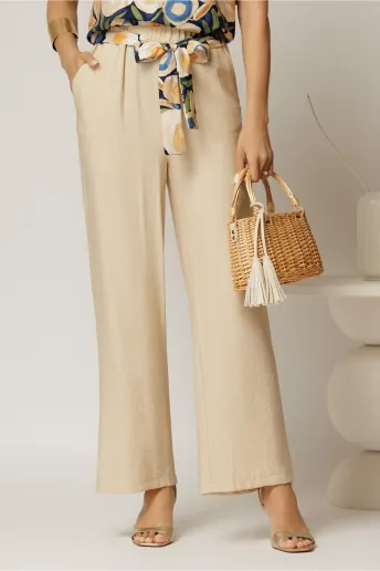Pantaloni bej din viscoza cu croi lejer si cordon cu print