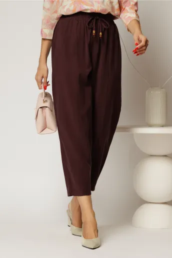 Pantaloni burgundy de zi din tencel cu snur si elastic pe talie