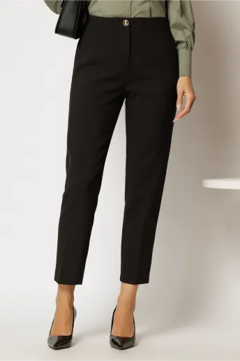 Pantaloni dama negri din stofa cu talie inalta si inchidere cu nasture