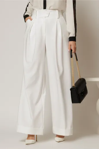 Pantaloni DY Fashion albi cu croi lejer si talie lata
