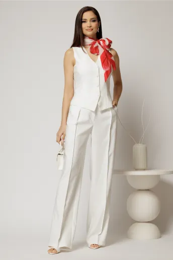 Pantaloni DY Fashion albi cu pliu din talie si banda cu nasture imbracat