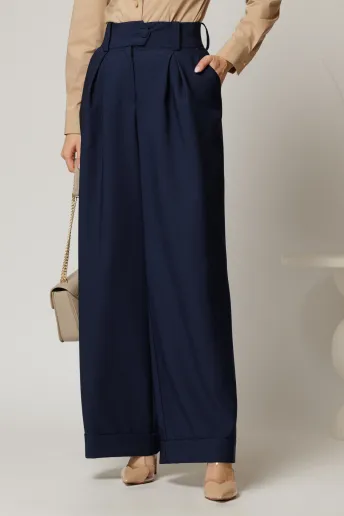 Pantaloni DY Fashion bleumarin cu croi lejer si talie lata