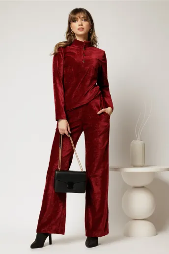 Pantaloni DY Fashion bordo din catifea velurata casual eleganti