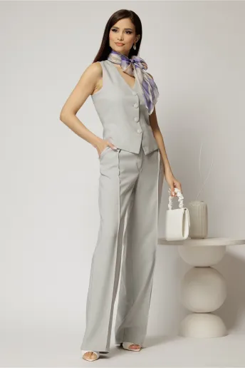 Pantaloni DY Fashion gri cu pliu din talie si banda cu nasture imbracat