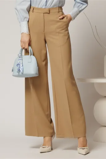 Pantaloni DY Fashion lungi bej din stofa si croi lejer