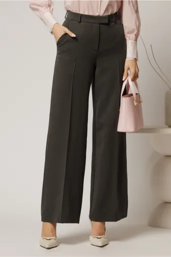 Pantaloni DY Fashion lungi gri inchis din stofa si croi lejer