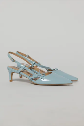 Pantofi bleu eleganti cu finisaj lucios si fundita laterala