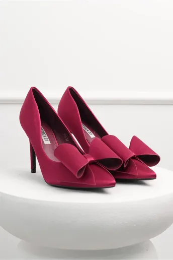 Pantofi bordo din material satinat cu funda maxi pe varf