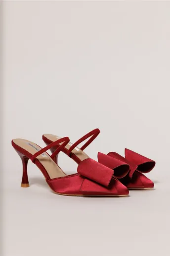 Pantofi burgundy eleganti din satin cu funda maxi