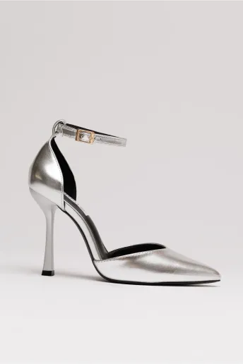 Pantofi eleganti argintii din piele ecologica cu bareta