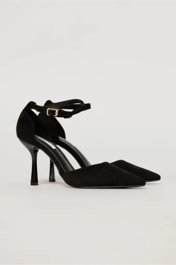 Pantofi eleganti negri aspect catifelat cu bareta si decupaj lateral