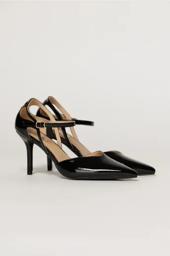 Pantofi eleganti negri aspect lucios cu bareta si decupaj lateral