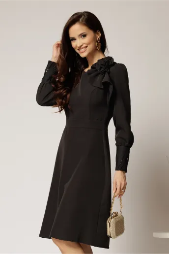 Rochia DY Fashion neagra cu mansete din paiete si funda ampla pe umar