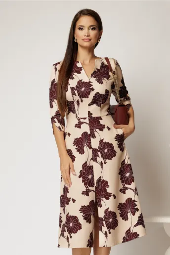 Rochie bej cu imprimeu floral grena