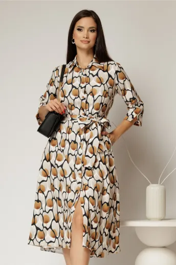 Rochie de zi midi ivoar cu imprimeuri galben mustar tip camasa cu cordon in talie