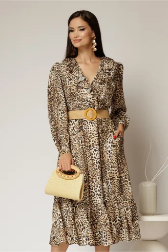 Rochie din stofa animal print cu volan si curea in talie