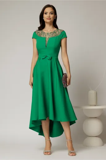 Rochie DY Fashion asimetrica verde cu funda in talie si aplicatii la decolteu