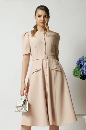 Rochie DY Fashion bej de zi cu nasturi si curea in talie