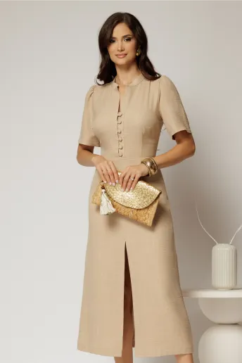 Rochie DY Fashion bej de zi de vara cu maneci scurte si nasturi la bust