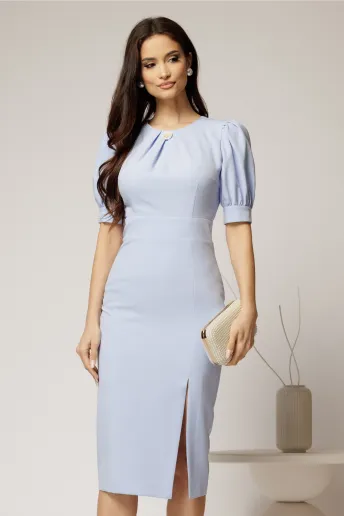Rochie DY Fashion bleu conica cu maneci bufante scurte si detaliu la decolteu
