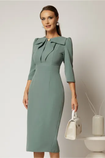 Rochie DY Fashion bleu cu croi conic si guler amplu accesorizat