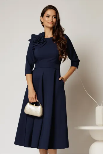 Rochie DY Fashion bleumarin clos cu trandafir la umar si cordon detasabil