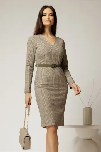 Rochie DY Fashion conica din stofa carou bleu si bej si curea in talie