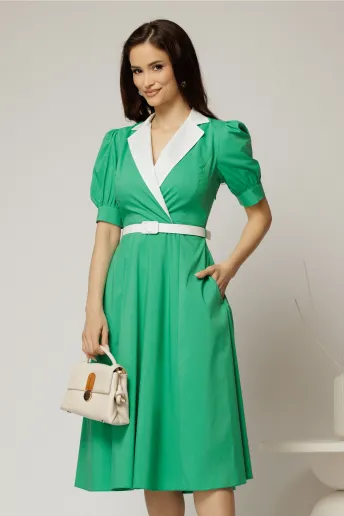 Rochie DY Fashion din poplin verde cu guler in contrast si curea in talie