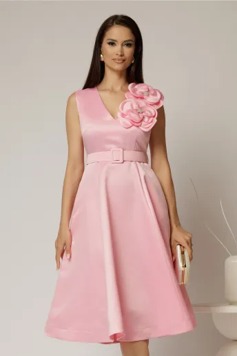 Rochie DY Fashion din tafta roz cu floare ampla cu perla pe umar