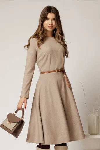 Rochie DY Fashion din tricot beige cu curea subtire si fusta clos