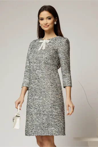 Rochie DY Fashion din tweed alb negru si croiul drept cambrat