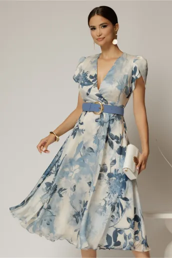 Rochie DY Fashion eleganta din voal satinat cu imprimeuri albastre