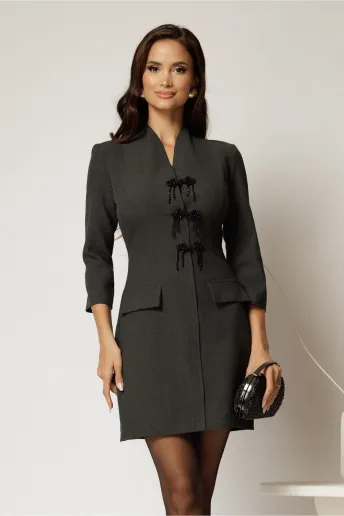 Rochie DY Fashion gri cu croi cambrat si funde din margele
