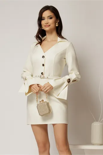Rochie DY Fashion ivoar cu maneci evazate si decolteu cu guler
