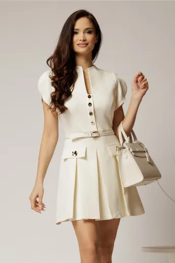 Rochie DY Fashion ivoar scurta cu pliuri pe fusta si nasturi pe bust