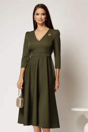 Rochie DY Fashion kaki clos cu decolteu V si curea in talie