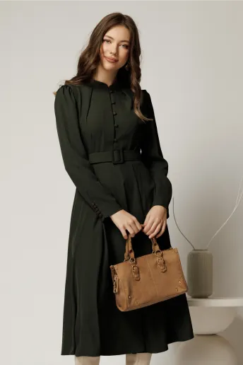 Rochie DY Fashion kaki din triplu voal cu nasturi pe bust si curea in talie