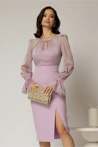 Rochie DY Fashion lila cu maneci lungi din voal cu croi mulat