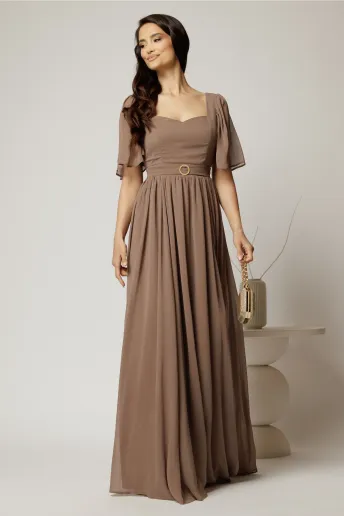Rochie DY Fashion lunga maro de seara din voal cu decolteu inima