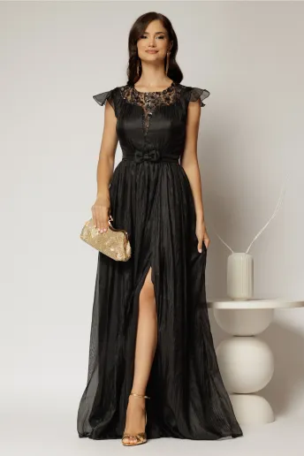 Rochie DY Fashion lunga neagra de seara din voal creponat si funda in talie