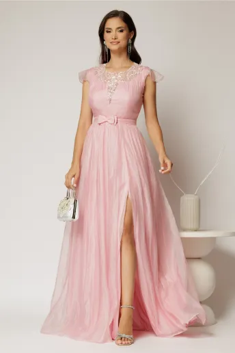 Rochie DY Fashion lunga roz de seara din voal creponat si funda in talie