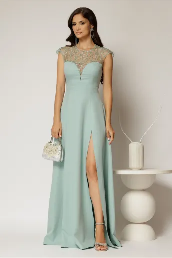 Rochie DY Fashion lunga verde mint de seara cu aplicatii la bust