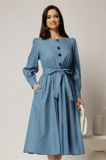Rochie DY Fashion midi albastra din bumbac cu nasturi pe bust si cordon in talie