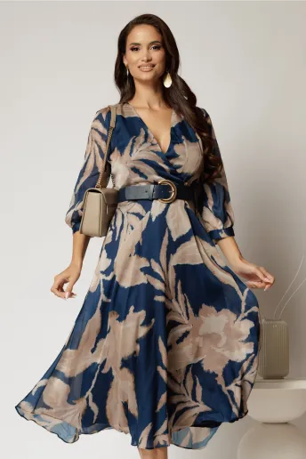 Rochie DY Fashion midi albastru petrol din voal satinat cu imprimeu bej