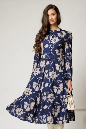 Rochie DY Fashion midi bleumarin cu imprimeuri eleganta cu nasturi si curea in talie
